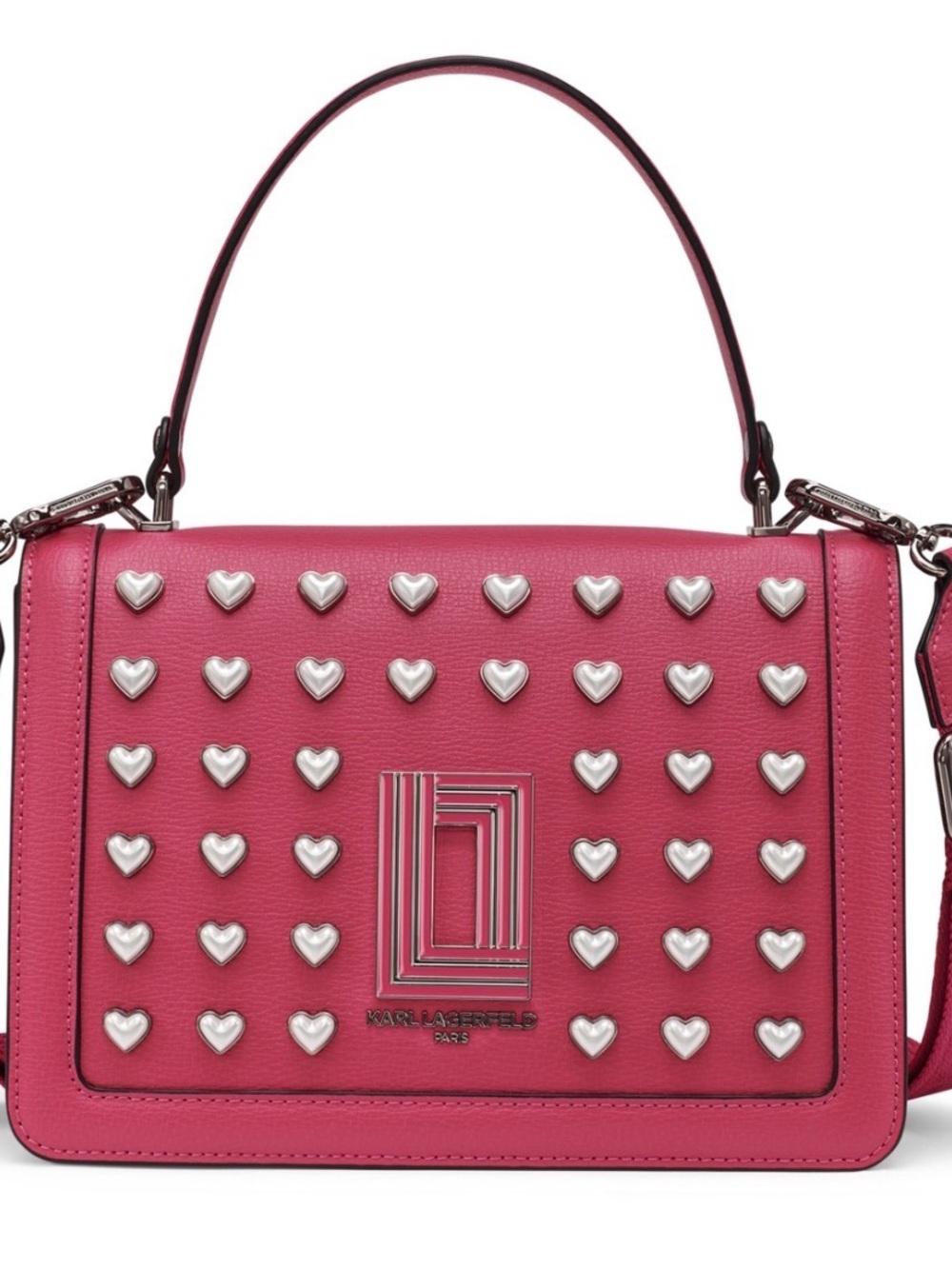 NWT Karl Lagerfeld Paris Simone Flap Crossbody Bag Fuchsia Pink Heart Studs